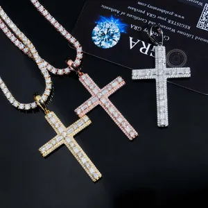 Close-up of S925 silver moissanite cross pendants in gold, rose gold and silver finishes.