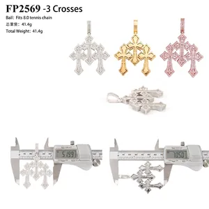 Detailed view of 925 silver moissanite triple cross pendants with measurements