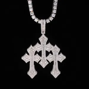 Hip Hop 925 Sterling Silver Triple Cross Pendant Necklace Pave Moissanite D Color VVS1 With GRA Certificate For Men Jewelry