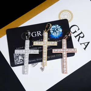 Hip-hop style S925 silver cross pendant with moissanite stones in three luxury colors