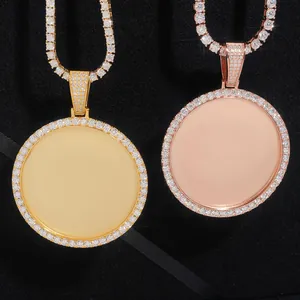 Detail view of gold and rose gold Moissanite encrusted round photo frame pendants