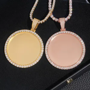 Close-up of gold and rose gold S925 silver moissanite round photo frame pendants
