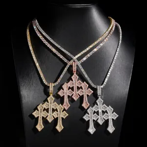 Iced out moissanite triple cross pendant necklaces in gold, rose gold and silver.