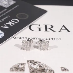 Éclatantes boucles d'oreilles carrées S925 argent moissanite pavées de diamants hip-hop