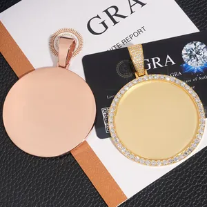 Macro detail of S925 sterling silver round photo frame pendants with Moissanite stones