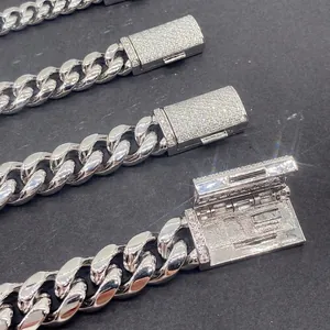 Hip Hop Stainless Steel Cuban Link Chain Necklace GRA Moissanite Inlaid 925 Sterling Silver Clasp Jewelry For Men Women
