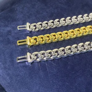 Detailed view of 8mm and 10mm stainless steel Cuban chains with moissanite clasps.