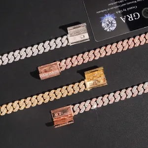 Detailed view of 10mm triple-row moissanite Cuban necklaces in silver and gold tones