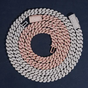 Detail of three-row 10mm moissanite Cuban link chains in silver and rose gold tones