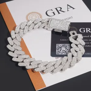 Pulsera de eslabones cubanos en plata S925 con moissanita estilo hip hop helado