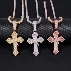 Pendentifs croix en argent S925 et moissanite, or, argent et rose, style hip hop chic