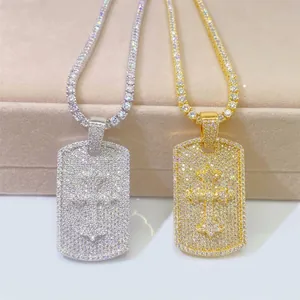 Hip Hop 925 Sterling Silver Moissanite Cross Pendant Necklace Iced Out Rectangle Tag Charm For Men Women Jewelry