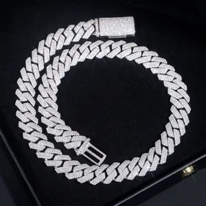 GRA 925 Sterling Silver Moissanite Cuban Link Chain Necklace For Men Women 14mm Three-Row Pave Rhombus Hip Hop Jewelry