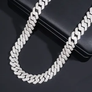 Close-up of 14mm silver Cuban chain with three rows of shimmering moissanite stones.