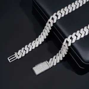 Detailed view of 14mm moissanite encrusted S925 silver Cuban link necklace and clasp