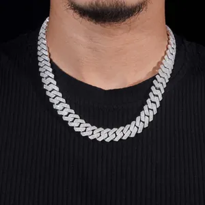 Detailed macro view of 14mm three-row moissanite pavé S925 silver diamond Cuban chain