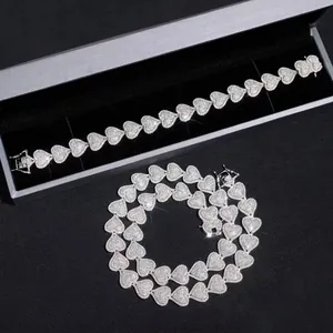 Exquisite 13mm heart-shaped Moissanite Cuban chain jewelry set crafted in S925 silver