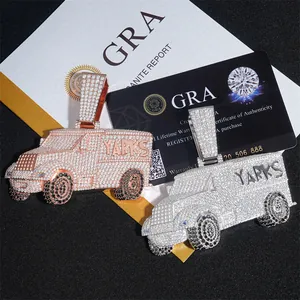 Close-up detail of car-shaped pendants fully paved with sparkling Moissanite stones