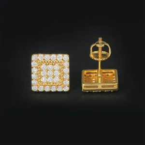 Pendientes de botón cuadrados de plata 925 con pavé de moissanita, estilo hip hop dorado