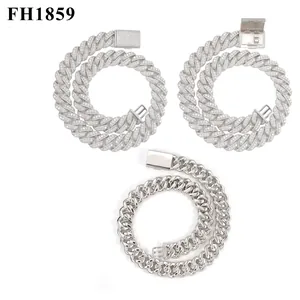 20mm moissanite paved S925 silver Cuban link chain necklace set on white background