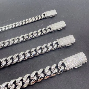 Silver stainless steel Cuban link necklaces with iced out moissanite buckles in multiple widths