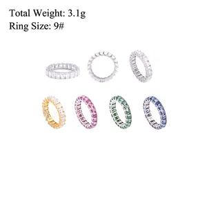 Detail view of 0.3ct emerald-cut moissanite eternity rings in various colors with specs