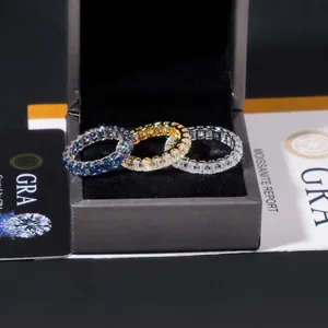 Luxury emerald-cut moissanite eternity rings in silver, gold, and blue with GRA reports.