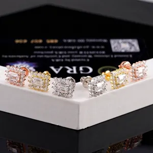 Boucles d'Oreilles Clous GRA en Argent Sterling 925 Moissanite pour Femmes Hommes Taille Émeraude Halo Hip Hop Bijoux Classiques
