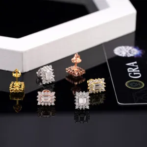 Luxueuses boucles d'oreilles clous moissanite taille émeraude en argent S925 unisexe