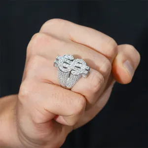 Detailed close-up view of an iced-out S925 silver Moissanite dollar sign ring for men.
