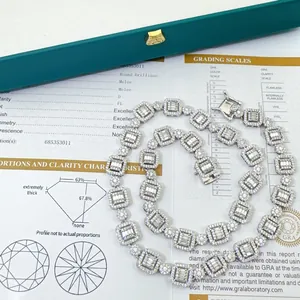 Vue détaillée du collier hip hop en moissanite baguette 9,5 mm avec certificat GRA.