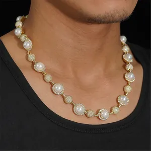 Close-up of men's hip hop pearl necklace with moissanite pave in 10mm gold finish.
