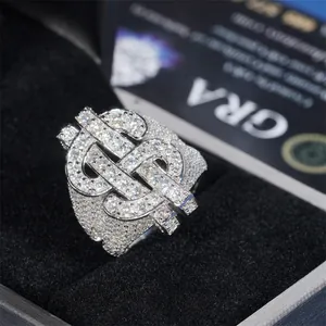 Close-up of iced out Moissanite dollar sign ring in S925 silver finish for hip hop style