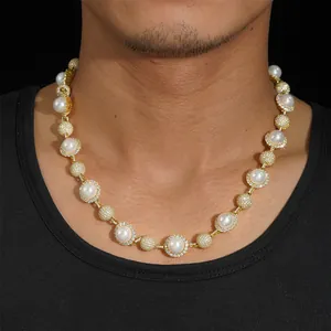 Detailed close-up of a 10mm pearl necklace with paved moissanite stones for men's hip-hop style