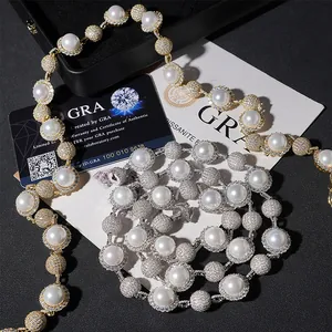Detailed view of 10mm pearl and moissanite hip hop necklace with GRA certificate