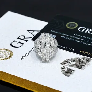 Men Hip Hop 925 Sterling Silver Moissanite Dollar Sign Ring D Color VVS1 Iced Out Bling Ring With GRA Certificate