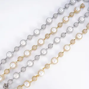 Close-up of 10mm pearl necklaces with moissanite pave detail in S925 silver.