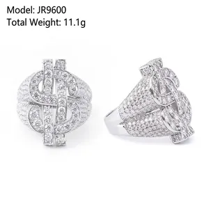 Hip-hop S925 silver ring with D color Moissanite and iced-out dollar sign design