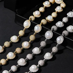 10mm pearl necklace with full moissanite pavé in gold and silver S925 sterling silver