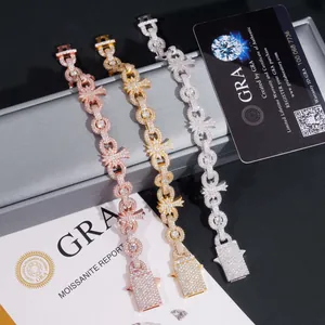 Pulsera hip hop de lujo de plata 925 con cruz de moissanita y eslabones de 10 mm