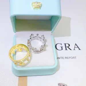 Luxury 925 silver D color VVS moissanite crown ring with blue jewelry box and GRA cert