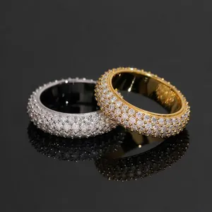 Anillo de Moissanita de Plata de Ley 925 Hip Hop para Hombre Mujer Certificado GRA VVS Cuatro Filas Redondo Incrustado Joyería