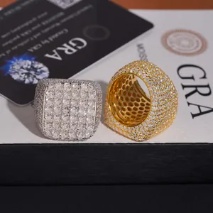 Close-up of hip-hop square moissanite rings in silver and gold tones with pave stones