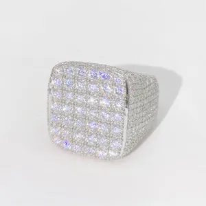 Luxury iced out square S925 sterling silver moissanite ring for hip-hop fashion jewelry