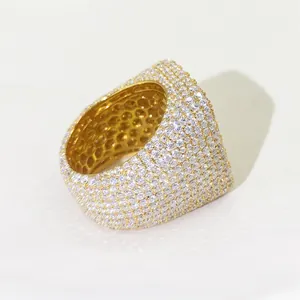 Hip-hop iced out moissanite square ring in gold-plated S925 silver for unisex fashion