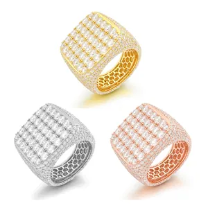 Luxury iced out square moissanite rings in three metal finishes for hip hop fashion