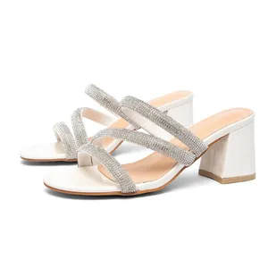 Women's Rhinestone Heeled Sandals Square Toe Block Heel Mules Sparkly Crystal Strappy High Heels Slip On Party Dress Shoes
