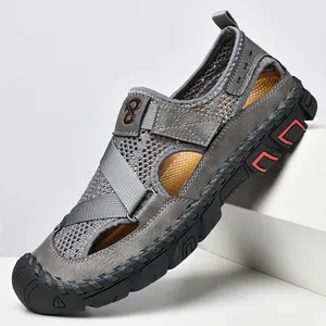 Men's Casual Outdoor Closed Toe Sandals Breathable Mesh Split Leather Beach Shoes Anti-slip Rubber Sole Summer Hiking Sandals