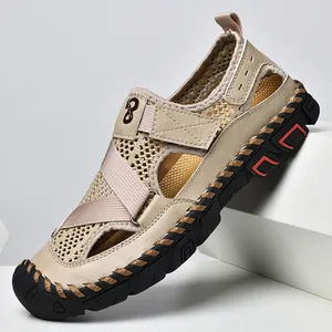 Breathable men's mesh leather sandals with closed-toe design for summer beach wear