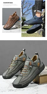 Macro detail view of men's casual mid-top outdoor leather boots with stitching.